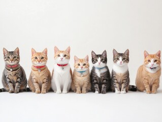 Fototapeta premium a row of seven cats wearing collars