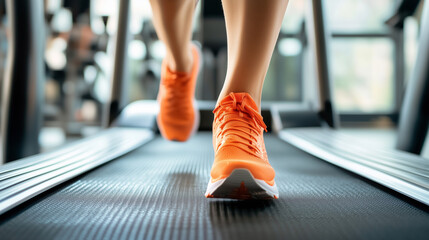 Close-up on a woman’s orange running shoes as she runs on a treadmill.
