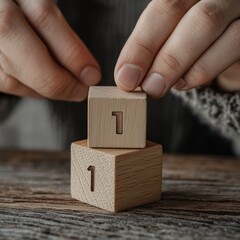Obraz premium Mans Hands Carefully Building Number Eleven With Two Wooden Blocks On A Rustic Table Top