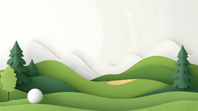 Paper art golf course scene; rolling green hills, mountains, trees, and golf ball; idyllic landscape; ideal for sports or travel websites.