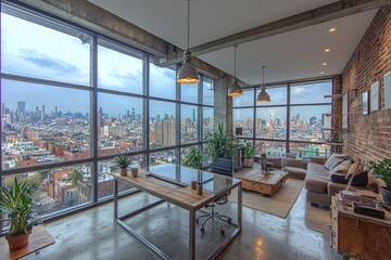 Fototapeta premium Modern loft office/living space with cityscape view through large windows