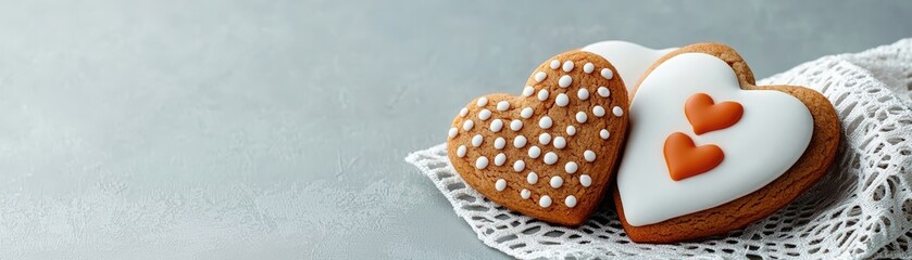 Heart-shaped cookies with icing and decoration on a lace napkin, perfect for Valentine&rsquo;s Day