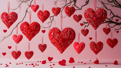 A pink backdrop with red heart-shaped decorations and whimsical branches for Valentine’s Day