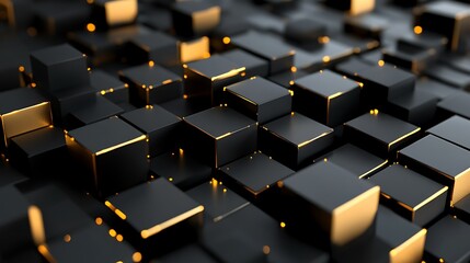 Fototapeta premium Abstract gold-edged black cubes, digital art, technology background, website design.