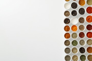 Artistic arrangement of colorful spices in small bowls on white background, perfect for food-themed social media posts