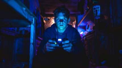 Young man intensely focused on gaming console screen in dimly lit room, emphasizing immersion and isolation