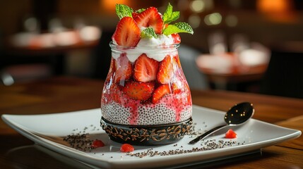 A serving of chia pudding in a decorative jar, with fresh strawberry slices and mint on top, placed on a white plate with scattered seeds