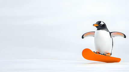 Fototapeta premium Penguin snowboarding on snowy landscape; winter sports fun; playful, cartoon-like illustration for winter sports websites or marketing.