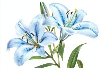 Elegant blue lilies in a floral arrangement against a clean white background