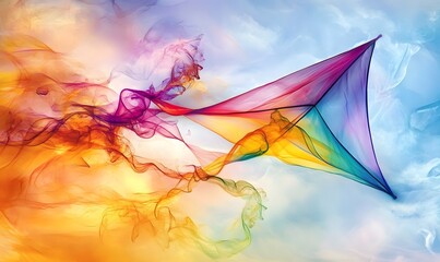Colorful kite soaring amidst vibrant smoke trails in a dreamy sky.