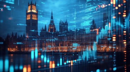 Obraz premium A parliament building juxtaposed with a digital financial graph, symbolizing market trends and economic policies.