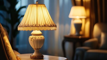Beautifully carved table lamp, casting soft light in a luxurious vintage living room, creating a cozy atmosphere.