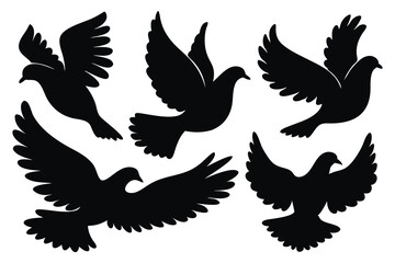 Bird dove silhouettes set isolated flat vector illustration on white background