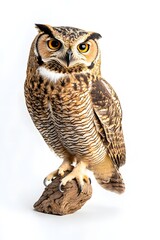 Fototapeta premium A stunning owl with intricate feather details perched gracefully, photographed with a vibrant background and perfect lighting, highlighting the beauty and majesty of this majestic bird.A stunning owl 