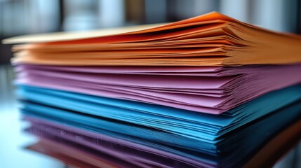 Colorful paper stacks on reflective table with blurred office background, for business or education use
