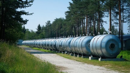 A row of cylindrical storage tanks in a forested area, likely for industrial use.