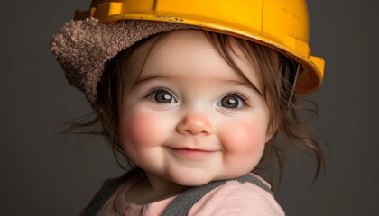 Adorable Baby Girl Smiling Wearing Yellow Construction Helmet, Perfect for Advertising Campaigns