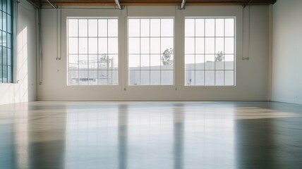 Obraz premium A vast, dimly lit empty studio space with tall ceilings, evoking a sense of solitude and creative potential.