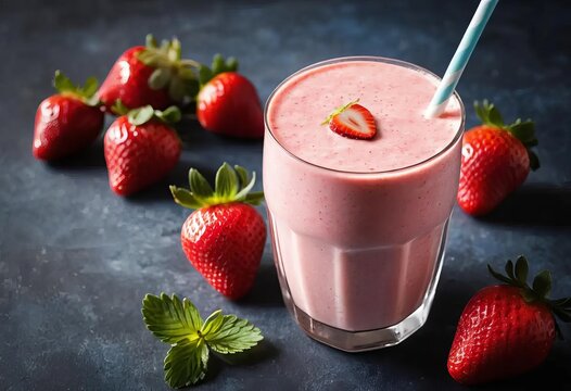 A glass filled with a pink strawberry smoothie or milkshake, topped with whipped cream and a strawberry garnish