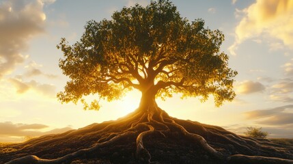 A majestic tree of life with sprawling roots intertwining with the earth, symbolizing connection and growth.