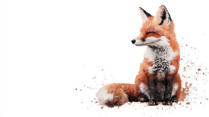 Fototapeta premium Watercolor fox wildlife animal portrait with orange fur and fluffy tail sitting in artistic splatter style painting with beautiful nature illustration
