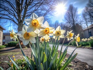 Obraz premium Shallow depth of field captures the radiant beauty of blossoming spring daffodils.