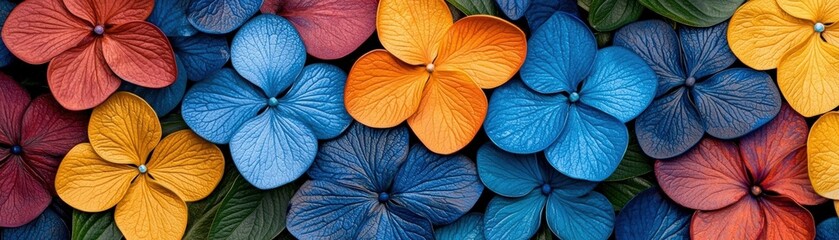 Fototapeta premium Vibrant Multi-Colored Flower Petals in Shades of Blue, Orange, Red, and Yellow on Leafy Background