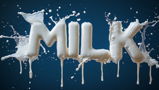 Word "MILK" crafted from white milk splashes and dripping milk puffs on dark blue background