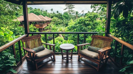 Fototapeta premium A tranquil resort balcony featuring two wooden chairs with cushions and a small wooden table, surrounded by a lush green garden.