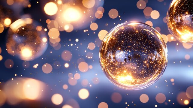 Cluster of radiant orbs levitating in a twilight sky, with soft glitter and defocused light, surreal and dreamlike
