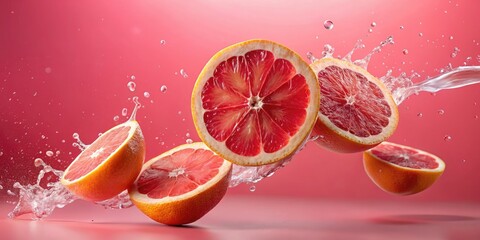 Elegant pink grapefruit photography; juicy fruit bursts against a pink backdrop.