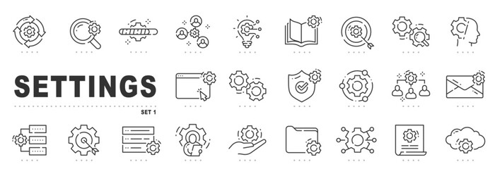 Set of settings line icons. Option, gear, cog,  setup etc. Editable stroke
