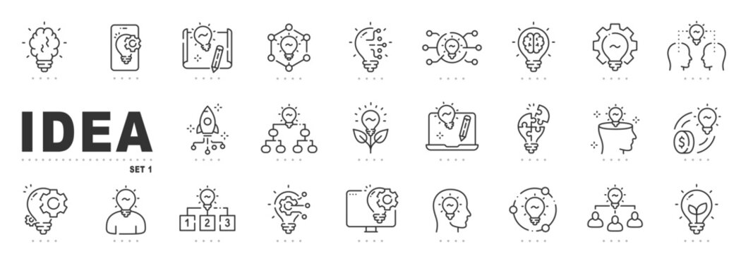 Set of idea related line icons. Creative, lightbulb, brain etc. Editable stroke.