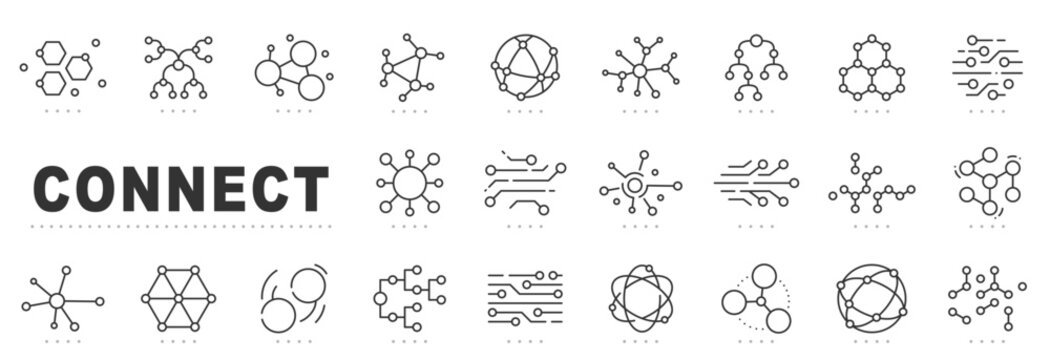 Set of connect related line icons. Network, link, join etc. Editable stroke