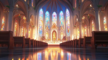 Obraz premium Stained glass casts colorful reflections in a Catholic church interior with a detailed high altar and serene pews.
