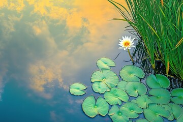 Serene Water Lily Pond at Sunset