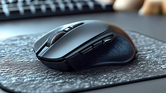 Wireless, black computer mouse on a pad