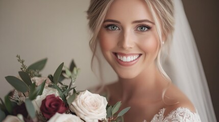 Naklejka premium Elegant Bride with Beautiful Bouquet Smiling in Soft Light, Wedding Photography Moment