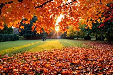  The image showcases a serene landscape featuring trees with vibrant orange leaves casting long shadows across the lush green grass that covers most of the scene In the foreground a carpet of fallen l