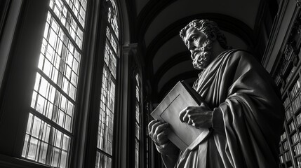 Fototapeta premium A philosopher statue holding a scroll, standing in a quiet library