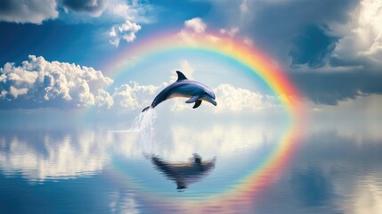 Obraz premium A playful dolphin leaping from the water beneath a vibrant rainbow, framed by tranquil clouds.