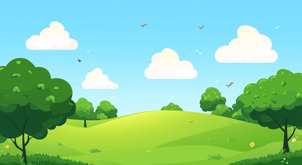 Fototapeta premium Lush Green Landscape With Trees Under Bright Blue Sky Minimalist Illustration