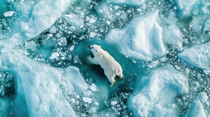 Obraz premium A solitary polar bear navigating through icy waters and floating icebergs in a vast frozen landscape showcasing nature's beauty and environmental challenges