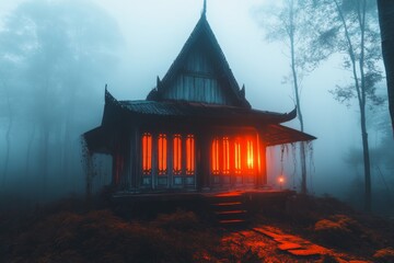 Obraz premium A haunting image of an abandoned Thai ubosot in a misty forest, with vines creeping up its walls and faint candlelight flickering inside