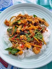 Rice topped with stir-fried pork and basil, Rice topped with stir fried minced pork and basil with Fried egg