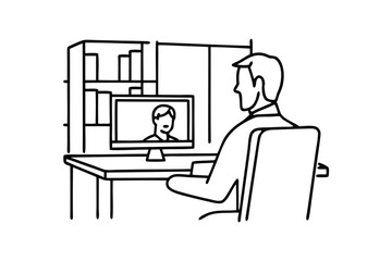 Young Businessman in office talking on video call Hand drawn line art flat vector illustration.