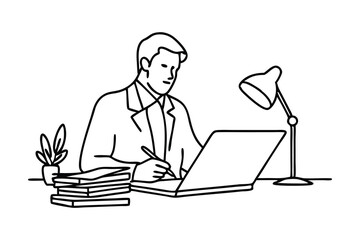 A Focused businessman reviewing documents and working on laptop Hand drawn line art flat vector illustration