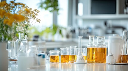 A scientific setup showcasing cetyl esters wax, with glass jars and beakers in a lab-like setting.
