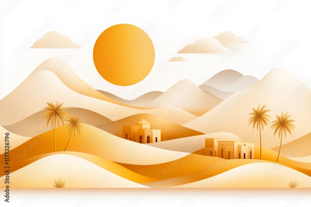 Poster a minimalist depiction of an oasis ksar, with simple geometric shapes representing the buildings and