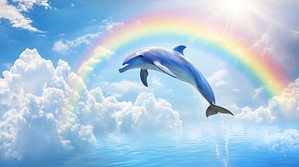 A serene scene of a dolphin leaping beneath a bright rainbow, with soft white clouds framing the view.